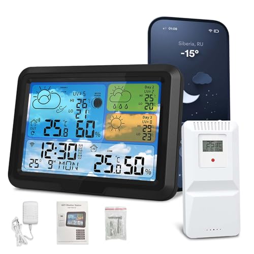 Geevorks Stazione Meteo con Sensore Esterno,Wi-Fi Digitale LCD Wireless a Color Display Portata di trasmissione 150 m,Sveglia,Fase Lunare,Previsioni Meteo,Retroilluminazione Regolabile