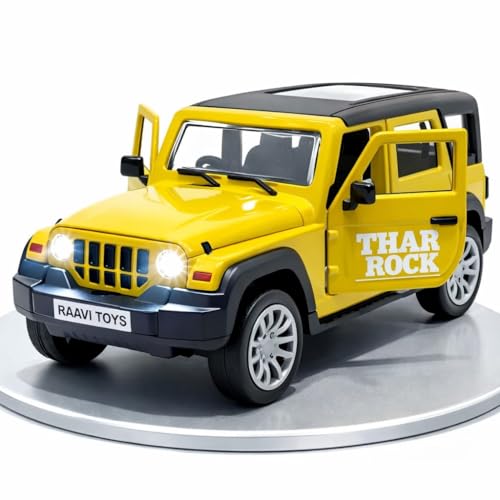 Image of Thar Roxx 1:32 Scale DieCast Metal Pull Back Action Openable Doors 4x4 Thar Premium Car Toy with Lights and Music for Kids,Gift 2+yrs Girls & Boys (Thar 1:32 Scale Yellow)