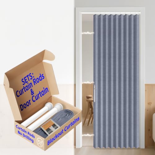 Image of AJAZZ Blackout Accordion Doors with Curtain Rods 28-39 in Length Interior Invisible Folding Door for Bedroom Living Room Doorway Curtain Sets (1 Panel, 42 W x 78 L, Dark Blue)