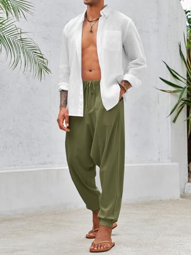 PASLTER Mens Harem Pants Baggy Casual Cotton Linen Boho Yoga Drop Crotch Hippie Trousers4