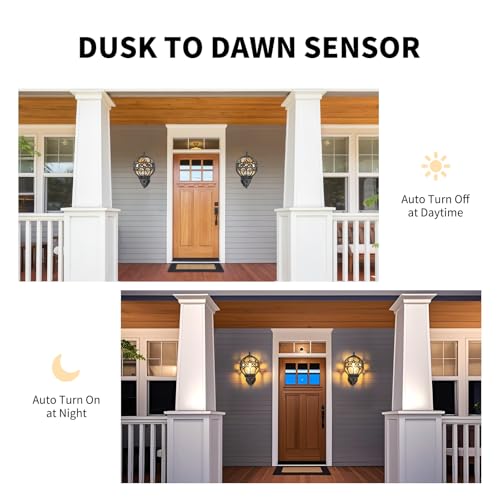 Dusk to Dawn Outdoor Lighting, Black Porch Wall Lights, Black Globe Aluminum Exterior House Lantern Wall Mount with Amber Glass, Anti-Rust Waterproof Outside Light Fixtures for Patio Doorway Garage