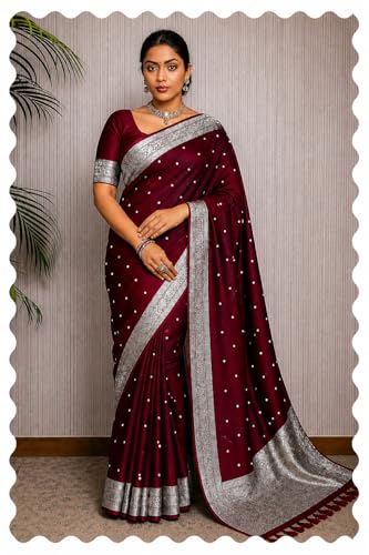 Image of Women's Glory Kanjivaram Banarasi Silk Saree with Polka Dot Embroidery Blend Woven Zari with Jacquard Woven Unstitched Blouse Piece.