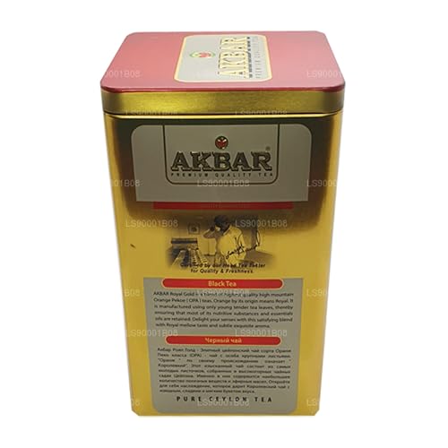 Akbar Royal Gold – Big Leaf OPA Ceylon Black Tea, Loose Leaf in Gold Tin, 250g | Smooth, Light Floral Aroma | Whole-Leaf Orange Pekoe A