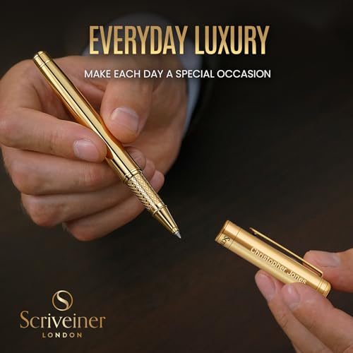 Image of Scriveiner Personalized Gold Rollerball Pen - Stunning Luxury Pen, Real Gold Plating, Schmidt Ink Refill, Best Engraved Roller Ball Gift Set for Men & Women, Custom Name Engraving