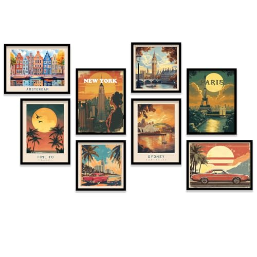 Image of kotart Retro Travel Theme City Vibes Wall Decor Photo Frames - Modern Art City Vibes Wall Decor Photo Frames - Wall Poster with Frame for Room Office Living Room Hotel Home Decor Set of 8 (Art 3, Big(13x17 or 13x13 inch), Framed)