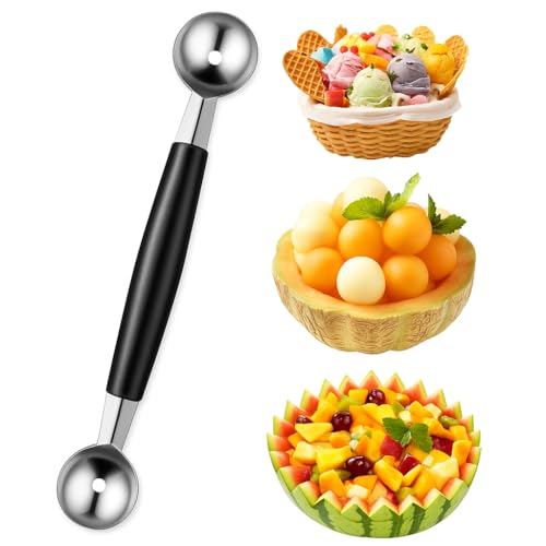 Trifletopia 1PC Double-Sided Melon Baller - Round Fruit Scoop - Metal Dessert Scoop - Ice Cream & Fruit Tool - Black (2.5cm & 3cm, 18cm)