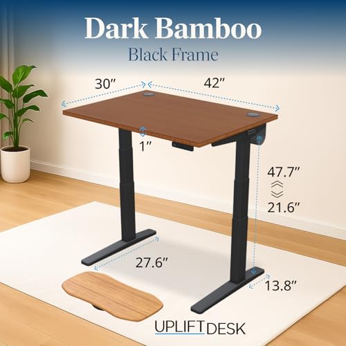 Image of UPLIFT DESK Dark Bamboo (42 x 30 inch) Standing Desk 2-Leg V3 Adjustable Stand Up C-Frame (Black), Advanced Keypad, Wire Grommets, Wire Tray, Rocker Board