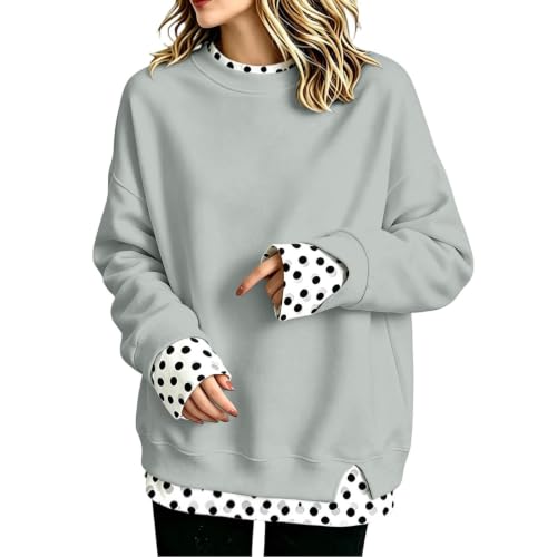 Image of Women Crewneck Sweatshirt with Polka Dot Trim, Oversized Long Sleeve Faux Layered Pullover, Casual Side Slit Top Grey