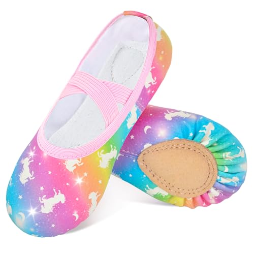 Ballet Shoes for Girls Toddler Dance Practice Ballet Slippers Soft PU Leather Flats Shoes for Kid Sole Yoga Gymnastics, Rainbow Unicorn, 10 Toddler