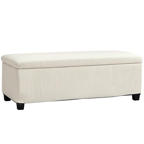 HOMCOM Puff Almacenaje, Banco Almacenaje, Capacidad de 84 L, 112x42x40 cm, Tapizado en Pana, Pie de Cama, Carga 220 kg, para Sala de Estar, Dormitorio, Entrada, Beige