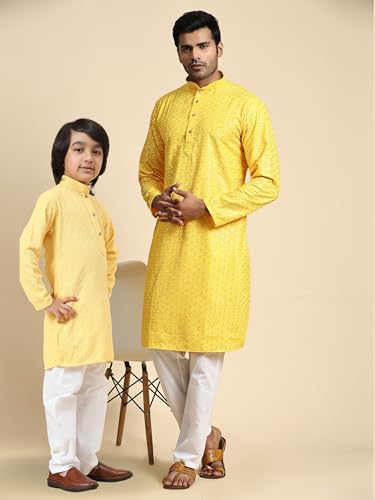 Image of Pro-Ethic Style Developer Men Silk Striped Father Son Matching Ethnic Wear Embroidery Mirror Work Kurta Pyjama Set |(Combo)B-117