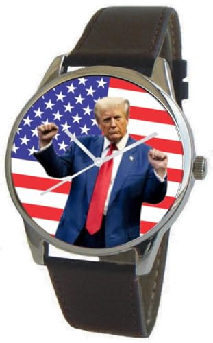 Donald J. Trump The Trump Dance On The Dial of The Large Polished Chrome Watch with A Black Leather Strap