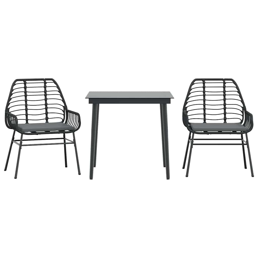 Ensemble repas de jardin 3 pièces noir en polyrotin avec coussins pour balcon