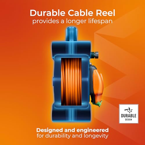 Masterplug Two Socket Retractable Weatherproof Case Reel, Extension Lead Cable Reel, Wind-Up Power Cord Reel, Thermal Cut Out, 20 Metre Cable, Outdoor Power, Grey/Orange, 13A, 2G, 20m, HLP2013/2IP