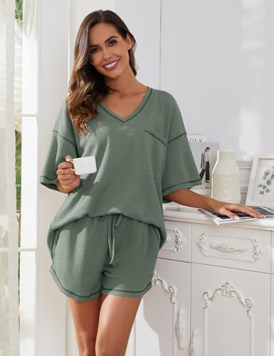 Image of Womens Pajama Sets Waffle Knit 2 Piece Short Lounge Set Cute Sleep Loungewear Pjs Set Short Sleeve Top and Shorts