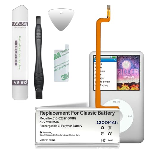 RRUHHK Battery for iPod Classic, 1200mAh New Upgrade High Capacity 616-0232 Battery Replacement for iPod 5th - 7th Generation Video Classic A1136, A1238 with Full Set Repair Tool