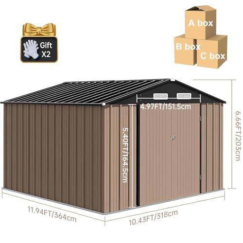 Outdoor-Storage-Shed-10-x-12-FT-Metal-Storage-Shed-Heavy-Duty-Steel-Metal-Sheds-with-Lockable-Door-Shutter-Vents-Compact-Bike-Shed-for-GardenGarbage-CanTool-Storage-Chicken-CoopBrown Outdoor Storage Shed 10 x 12 FT Metal Storage Shed Heavy Duty Steel Metal Sheds with Lockable Door Shutter Vents Compact Bike Shed for GardenGarbage CanTool Storage Chicken CoopBrown