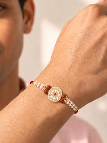 Image of Peora Rakhshabandhan Thread Rakhi for Brother Bhaiya | Crystals & Kundan Studded | Combo, Set of 3 | Rakhi Hamper with Roli Chawal & Greeting Card