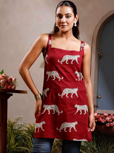 Image of Rimeline Women's Printed Cotton Sleeveless Square Neck Kurti Top | Straight Fit Ethnic Casual Tunic