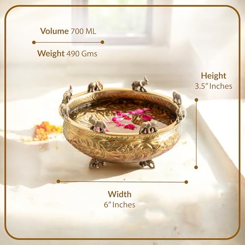 Image of INDIAN ART VILLA Brass Embossed Urli with Elephant Statues, Traditional Decorative Pooja Bowl, Home Decor Centerpiece, Ideal for Festivals, Weddings, Gifting, and Cultural Celebrations, 6 Inches