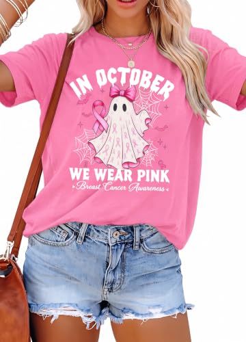 Image of Breast Cancer Shirts for Women Pink Ribbon Shirt Breast Cancer Survivor Tee | Pink Breast Cancer Shirt In October We Wear Pink Tee Breast Cancer Awareness Shirts Halloween Ghost Graphic Short Sleeve Top