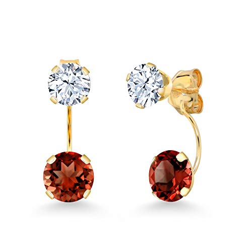 Gem Stone King 14K Yellow Gold Red Garnet and White Zirconia Dual Drop 2 Stone Round Earrings for Women | 3.50 Cttw | Gemstone Birthstone | Round 6MM and 5MM