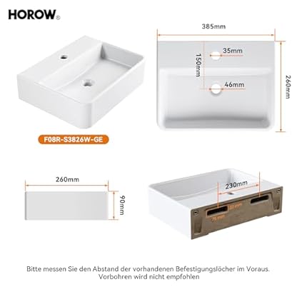 HOROW Waschbecken Gäste Wc Waschtisch, Aufsatzwaschbecken mit Hahnloch ohne Überlauf, Klein WaschschaleKeramik Weiss Rechteckig 38x26cm, Handwaschbecken Klein Gäste WC – Bild 3