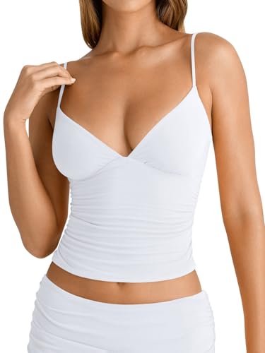 Image of PINKMSTYLE Women's Sexy V Neck Ruched Cami Top Sleeveless Spaghetti Double Layer Fitted Crop Tank Tops