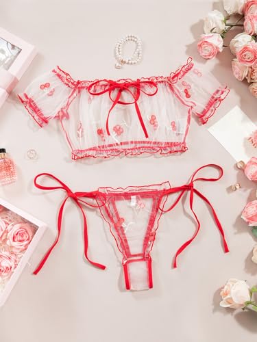 Image of Lilosy Sexy Stretch Ruffle Tie Sheer Mesh Lingerie Set Outfits