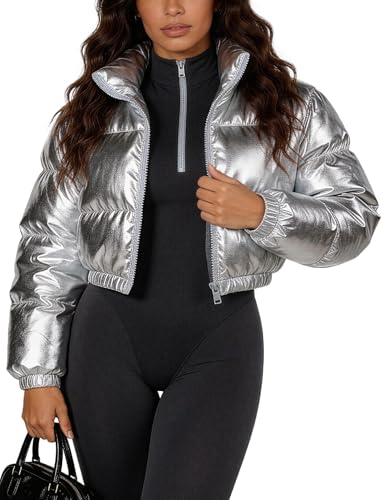COZYPOIN Damen-Jacke, metallisch, glänzend, bauchfrei, langärmelig, Y2K, Reißverschluss, gepolstert, Daunen, Kurzmantel, Oberbekleidung, silber, Small