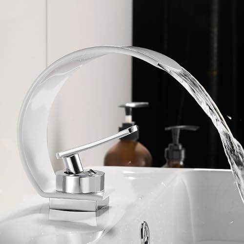 Grifo lavabo cascada sin salpicaduras monomando curvo de acero inoxidable blanco para aseo 3