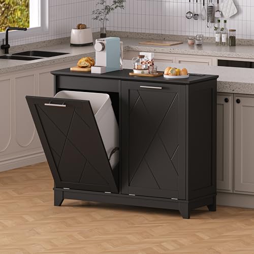 Image of Double Tilt Out Trash Can Cabinet with Charging Station, Negative Ion Odor Control, Hidden Dual 10-Gallon Recycling Cabinet, Dog Proof Garbage Can for Kitchen, Laundry, Dining Room,Black