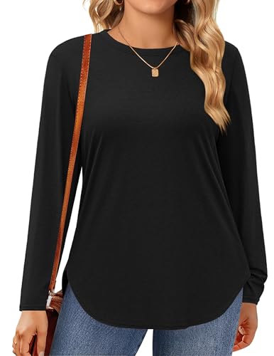IN'VOLAND Womens Plus Size Long Sleeve Shirts Crewneck Side Split Tunic Tops Basic Loose Fit Tee Tops 2025
