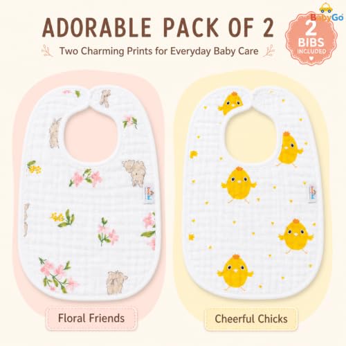 Image of BabyGo Muslin Cotton Baby Bibs | Pure Cotton 8-Layer Super Absorbent Cartoon Print Feeding & Drool Bibs | Ultra-Soft, Washable & Reusable Bibs for Infants, Toddlers & Newborns | Pack of 2 (Multicolor)