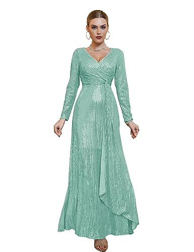 Image of Long Sleeve Sequin Dress For Women Formal Gowns Sparkly V Neck Maxi Dress