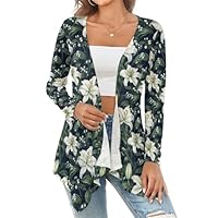 Elegant Lily Print Cardigan Sweaters for Women, Lightweight Open Front Long Cardigans for Women Trendy, Multicolored, M