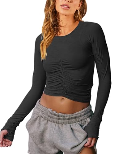 Vivitulip Women’s Long Sleeve Shirts Basic Fall Ruched Slim Fitted Crop Tops Tight Athletic Blouse with Thumb Holes Black