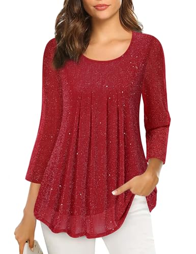 VALOLIA Dressy Blouses for Women: Christmas - Fancy Tops for Women for Evening Party - Long Sleeve Trendy 2024 Fall Fashion Elegant V-Neck Autumn Sequin Clothes Sparkly Red Medium