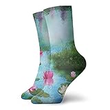 Calcetines de compresión para hombre y mujer, acolchados, atléticos, Estanque de fantasía con nenúfares flotantes románticos de loto de hadas, arte digital, Talla única