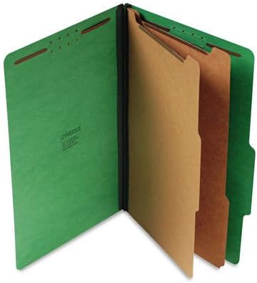 Universal Bright Colored Pressboard Classification Folders, 2" Expansion, 2 Dividers, 6 Fasteners, Legal Size, Emerald Green, 10/Box