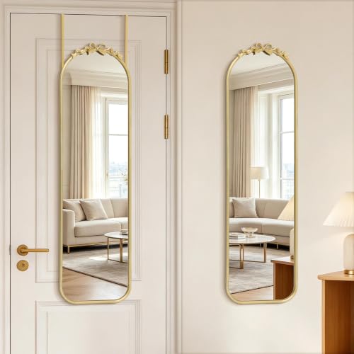 Image of Besdomus Door Mirror Full Length: 14 inchx50 inch Gold Bow Over The Door Hanging | French Antique Baroque Metal Framed - Traditional Ornate Full Body for Girls Bedroom /Cloakroom /Living Room - Ideal for Girl