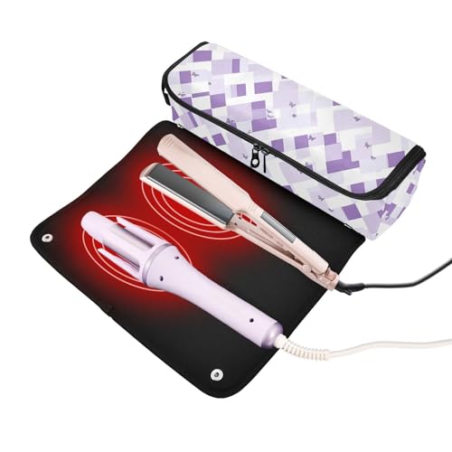 Bolsa de viaje para herramientas de cabello con tapete resistente al calor, organizador para planchas, rizadores y herramientas de peluquería, diseño con mariposas blancas y moradas miniatura 2