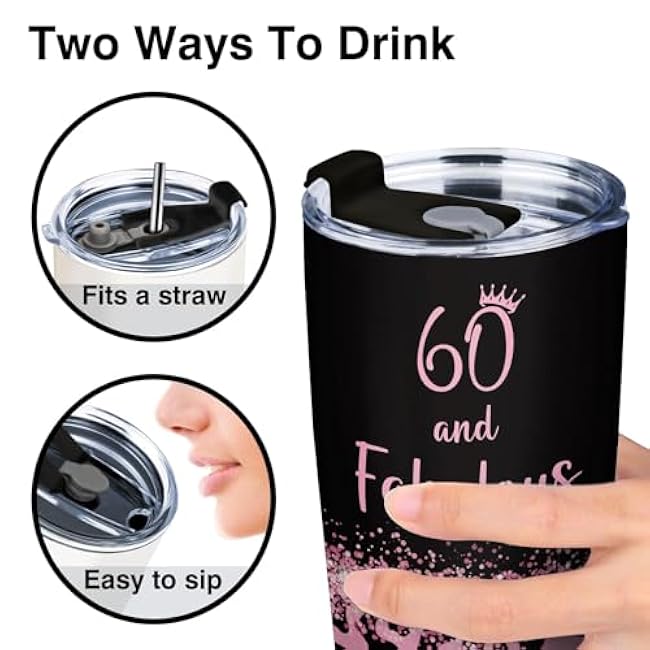 60th Birthday Gifts for Women, 60 and Fabulous Tumbler, 60th Birthday Gift ideas, 60 Year Old Birthday Gifts for Women Mom Grandma Friend Sister Wife, 20oz Coffee Travel Mug, Leopard