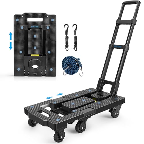 Image of TICONN 330LB Folding Hand Truck Dolly, Portable Heavy Duty Dolly Cart with 7 Tank Wheels, Lightweight Luggage Moving Cart with 2 Brake Wheels for Moving, Shopping, Travel, Office