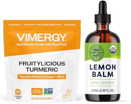 Vimergy NutriDense Fruitylicious Turmeric + Ginger Chewables 60 Count & Liquid Lemon Balm 115 mL
