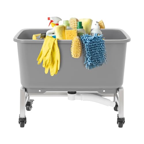 Commercial Mop Sink Floor Sink, Freestanding & Plastic Mop Basin Multi-Functional Household Buckets with 4 Universal Wheels for Restaurant, Bars, Garages, Bathroom (Medium-Grey)