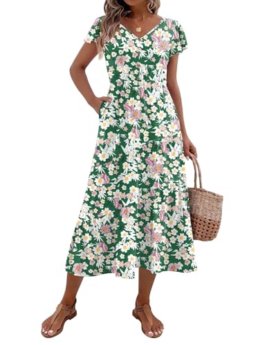 Image of Zeagoo Women's Summer Casual Dress Flutter Short Sleeve V Neck Button Down Tiered Flowy Long Dress with Pockets