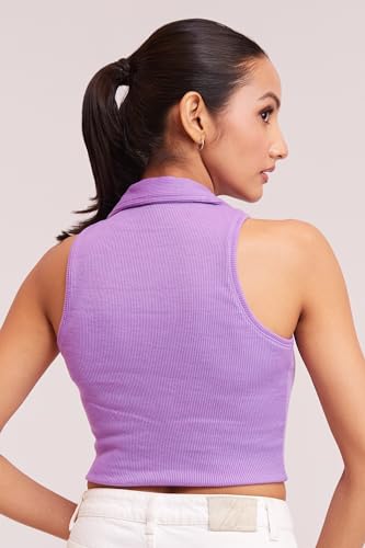 Image of BERRY BIRD Stylish Sleeveless V-Neck Slim Fit Collar Ribbed Knit Tank Crop Tops for Women & Girls Beach and Gym Wear and Western Trendy Fashion