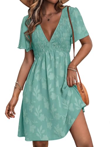 Image of Simplee Womens Summer Casual V Neck Dress Sexy Short Sleeve Mini Sundress Boho Western Empire Waist Pocket Dresses 2026