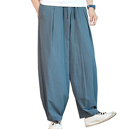 [FJLTDCP] ズボン メンズ メンズ ワイドパンツ メンズ 夏 のパンツ 無地 メンズ ズボン 綿麻 ワイド パンツ 調整紐 サルエル ズボン ボトムス ゆったり 大きいサイズ 春 夏 -Light blue-4XL